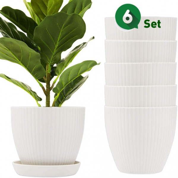 Der Rose 6 Set Plastic Planter 6 Inch Flower Plant Pots with Drainage and Saucers, White Modern Indoor Pots for All Plants, Flowers, Herbs, Succulents and Hanging Plants